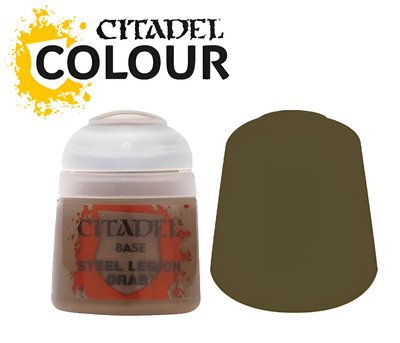 Citadel Base Steel Legion Drab paint (12ml) in a round container with a dark olive green color swatch beside it.