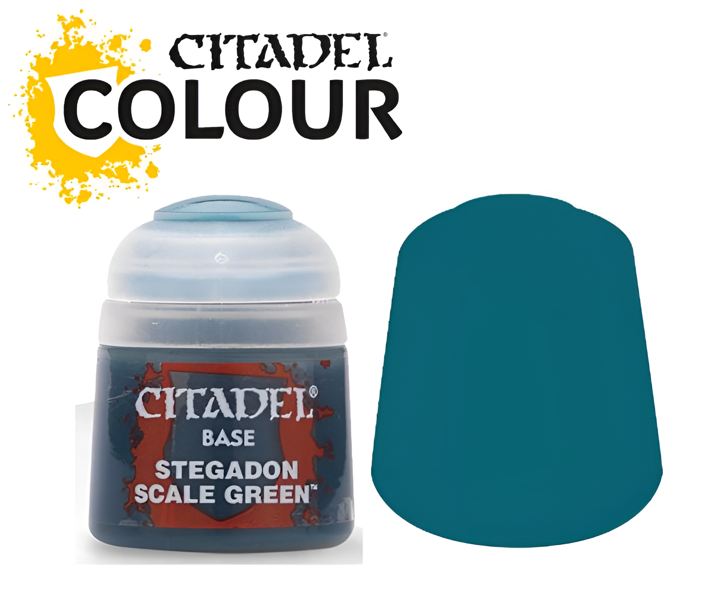 Citadel Base Stegadon Scale Green paint in a 12ml container, featuring a dark teal color swatch beside it.