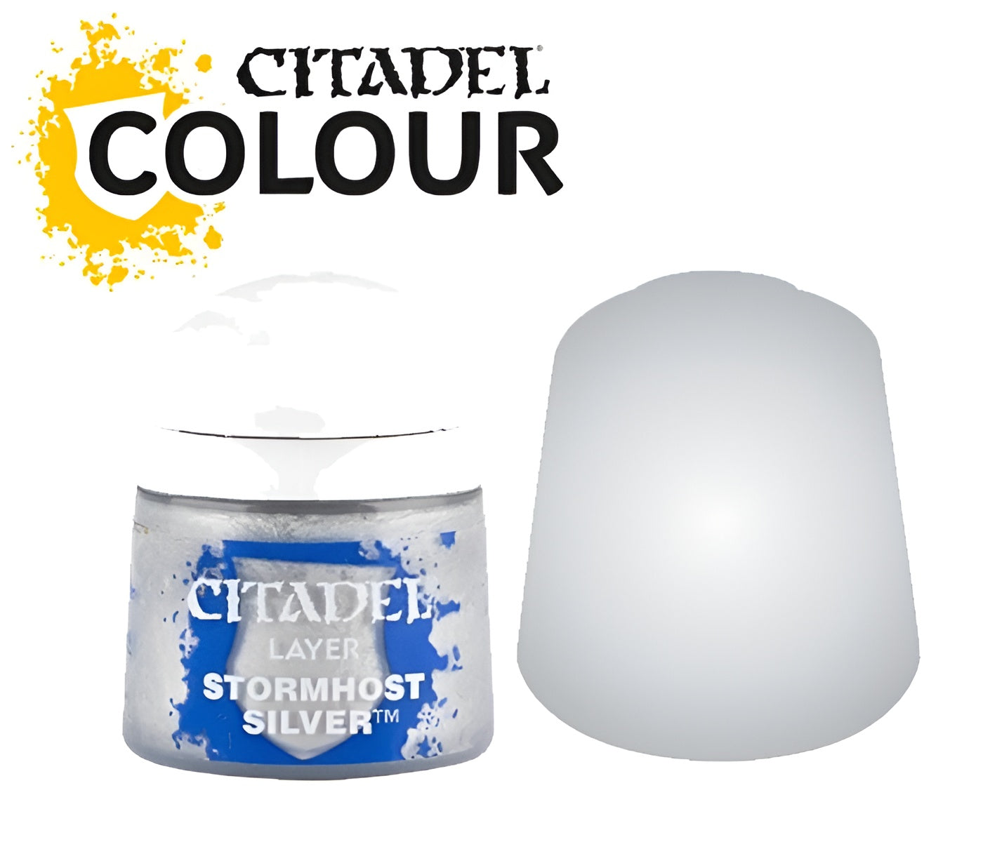 Citadel Layer Stormhost Silver paint in a 12ml container, featuring a clear lid and blue label design.