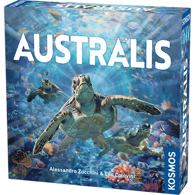 Box cover of Australis board game featuring three sea turtles swimming through a vibrant underwater scene.
