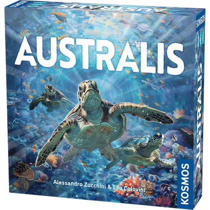 Box cover of Australis board game featuring three sea turtles swimming through a vibrant underwater scene.