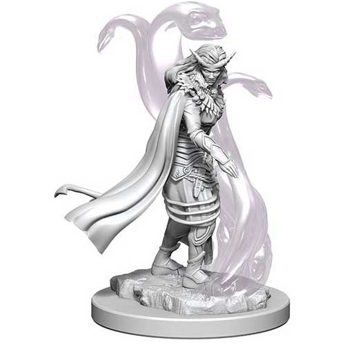 Unpainted miniature of a female Tiefling sorcerer from Dungeons & Dragons, featuring a flowing cape and magical serpents.