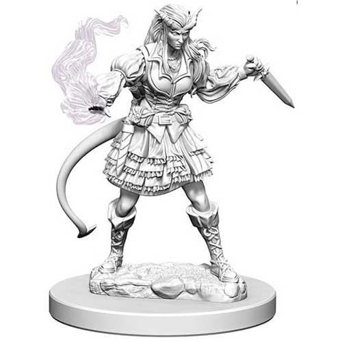 Unpainted miniature of a female Tiefling sorcerer wielding a dagger and casting magic, featuring detailed clothing and tail.