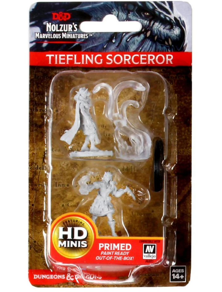 Unpainted miniatures of a female Tiefling sorcerer from Dungeons & Dragons, ready for painting and tabletop play.