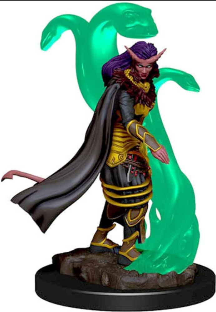 Premium Dungeons & Dragons Tiefling female sorcerer figure with purple hair, wearing ornate armor and surrounded by green magical serpents.