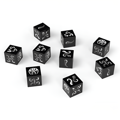 Elder Mythos RPG Great Dreamer Dice Set featuring black dice with intricate white designs of tentacles and eldritch symbols.