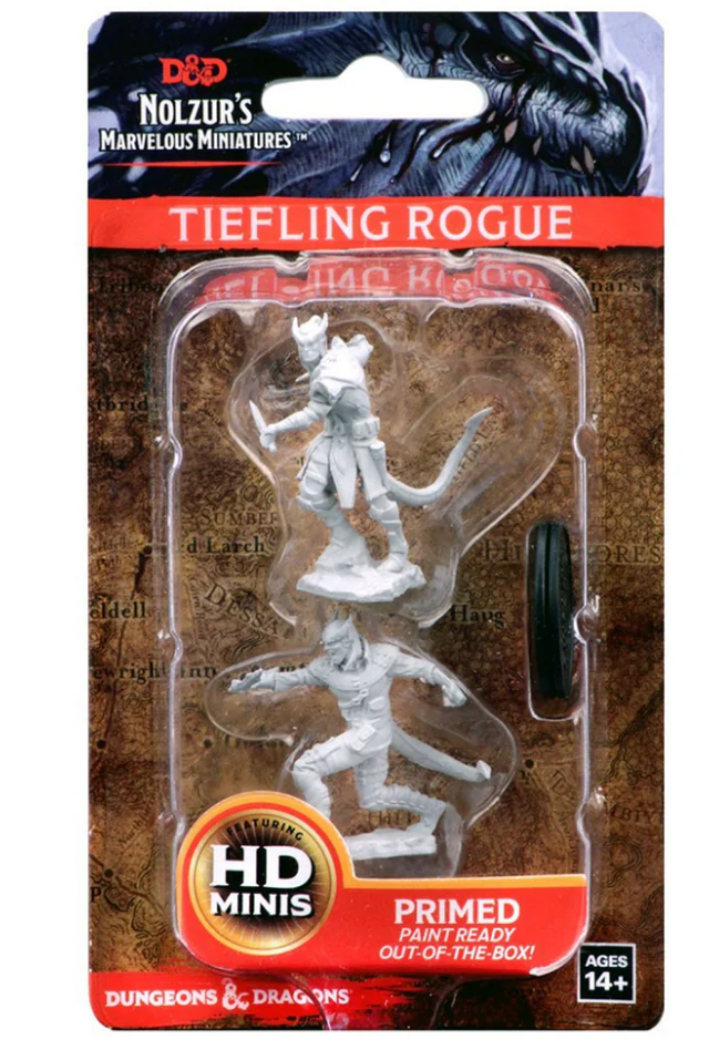 Unpainted miniatures of a male Tiefling rogue from Dungeons & Dragons, ready for painting and tabletop gaming.