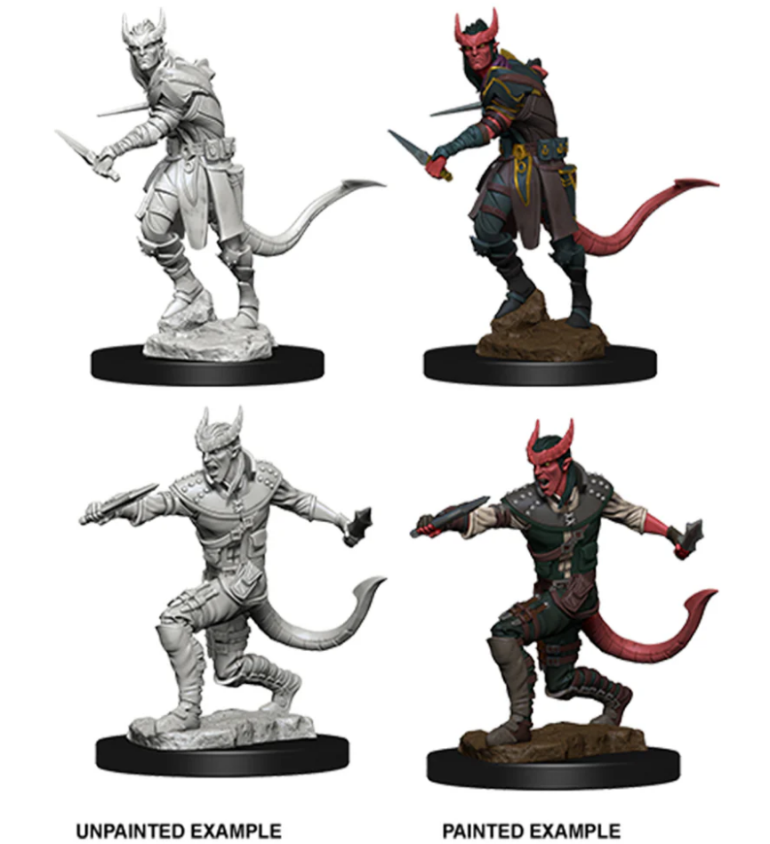 Unpainted and painted examples of a Tiefling male rogue miniature for Dungeons & Dragons, showcasing detailed features and dynamic pose.