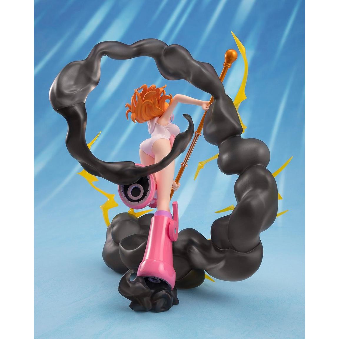 Tamashii Nations One Piece Nami figure in Lightning Tempo pose, featuring dynamic lightning effects and swirling clouds.