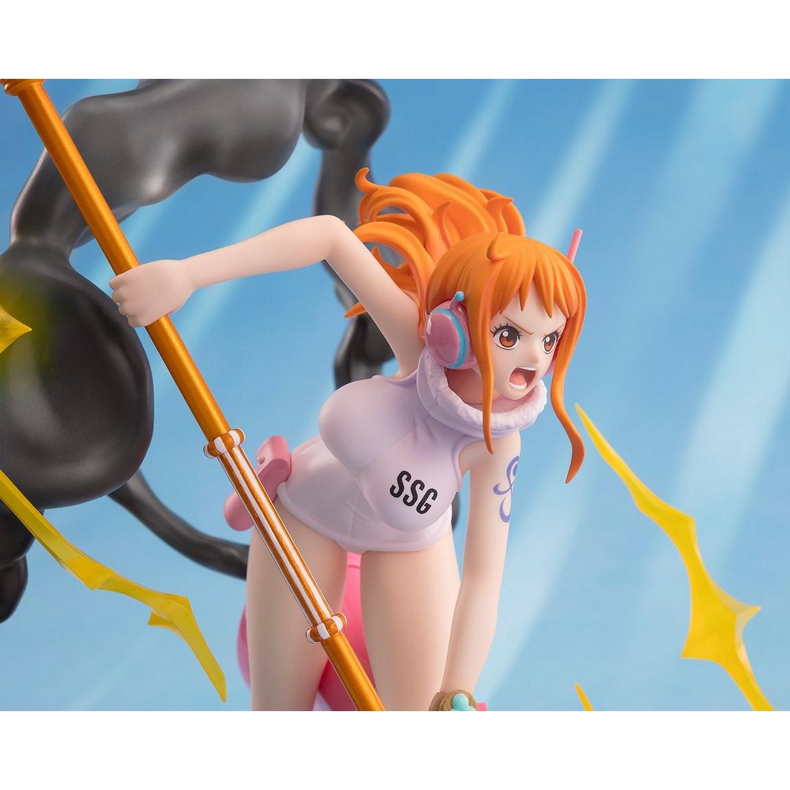 One Piece Nami Lightning Tempo figure by Bandai Spirits, showcasing dynamic pose with vibrant colors and detailed features.