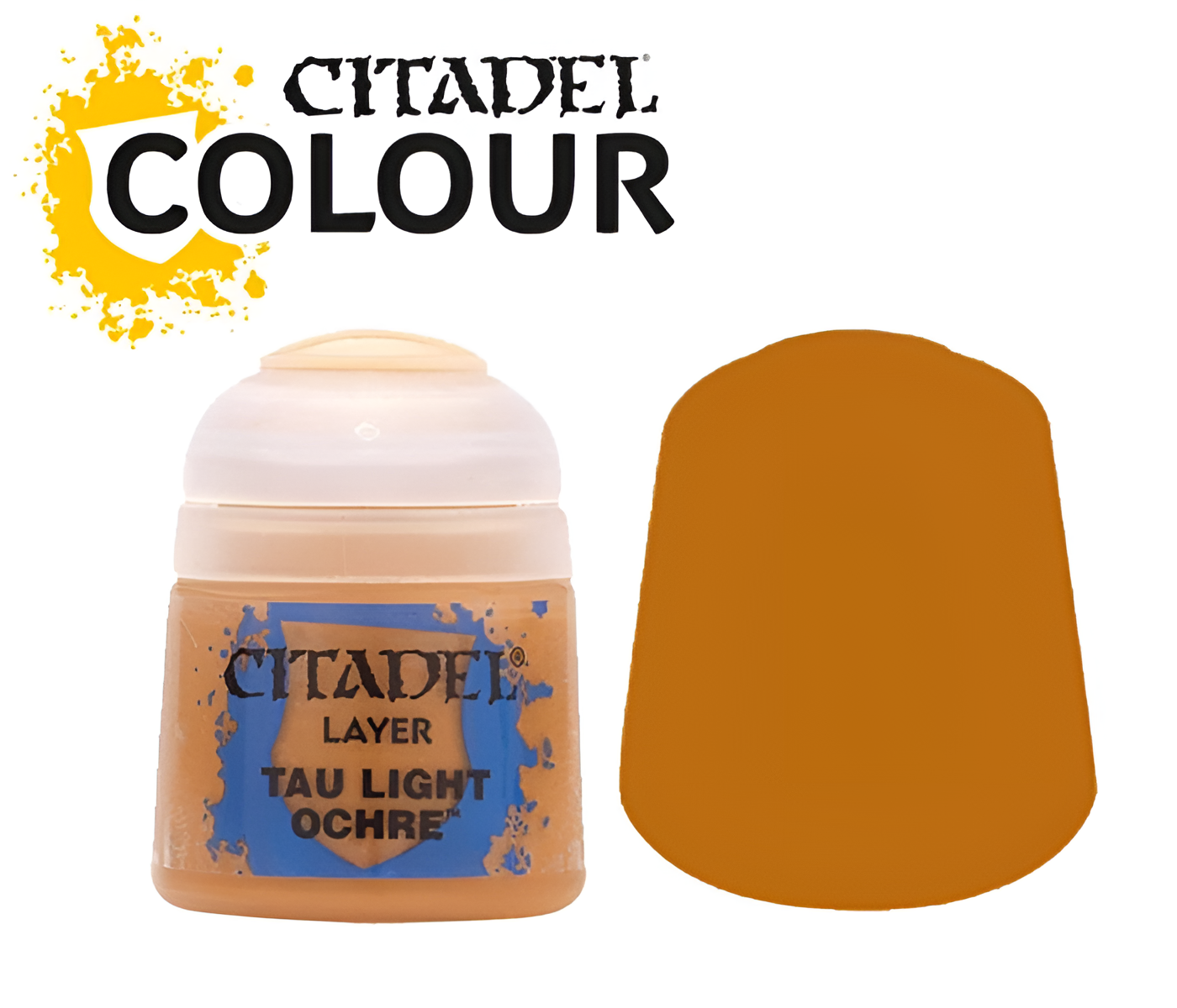 Citadel Layer Tau Light Ochre paint (12ml) in a jar with a color swatch showing a warm, light ochre hue.
