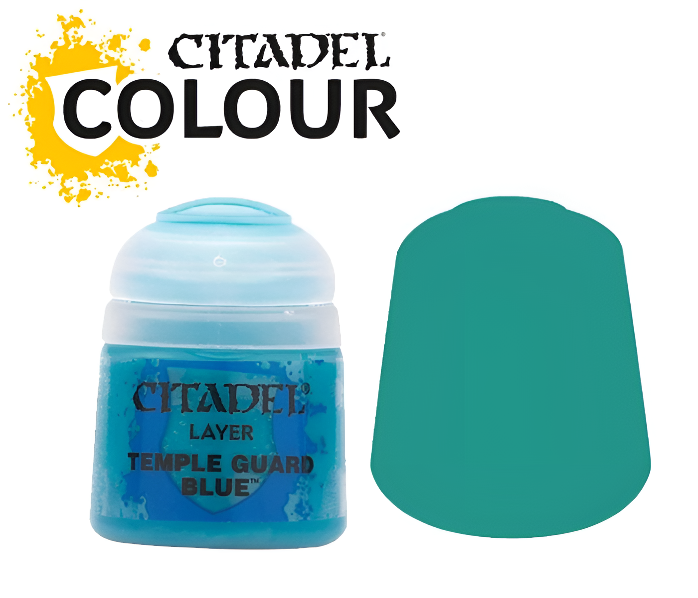 Citadel Layer Temple Guard Blue paint (12ml) in a round container with a teal color swatch beside it.