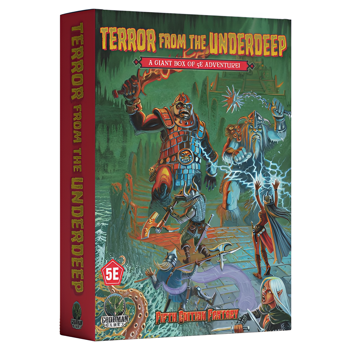 D&D 5E adventure "Terror from the UnderDeep" box featuring vibrant artwork of characters and monsters in an underwater setting.