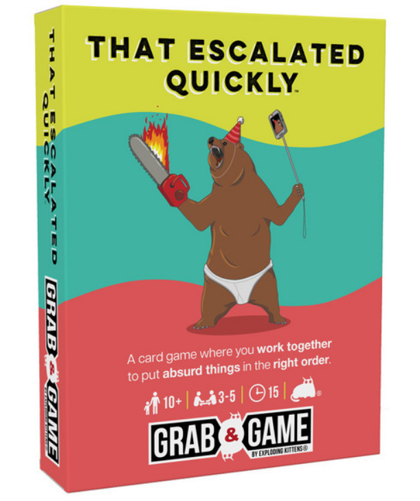 Box for the card game "That Escalated Quickly," featuring a bear with a chainsaw and party hat, designed for 3-5 players.