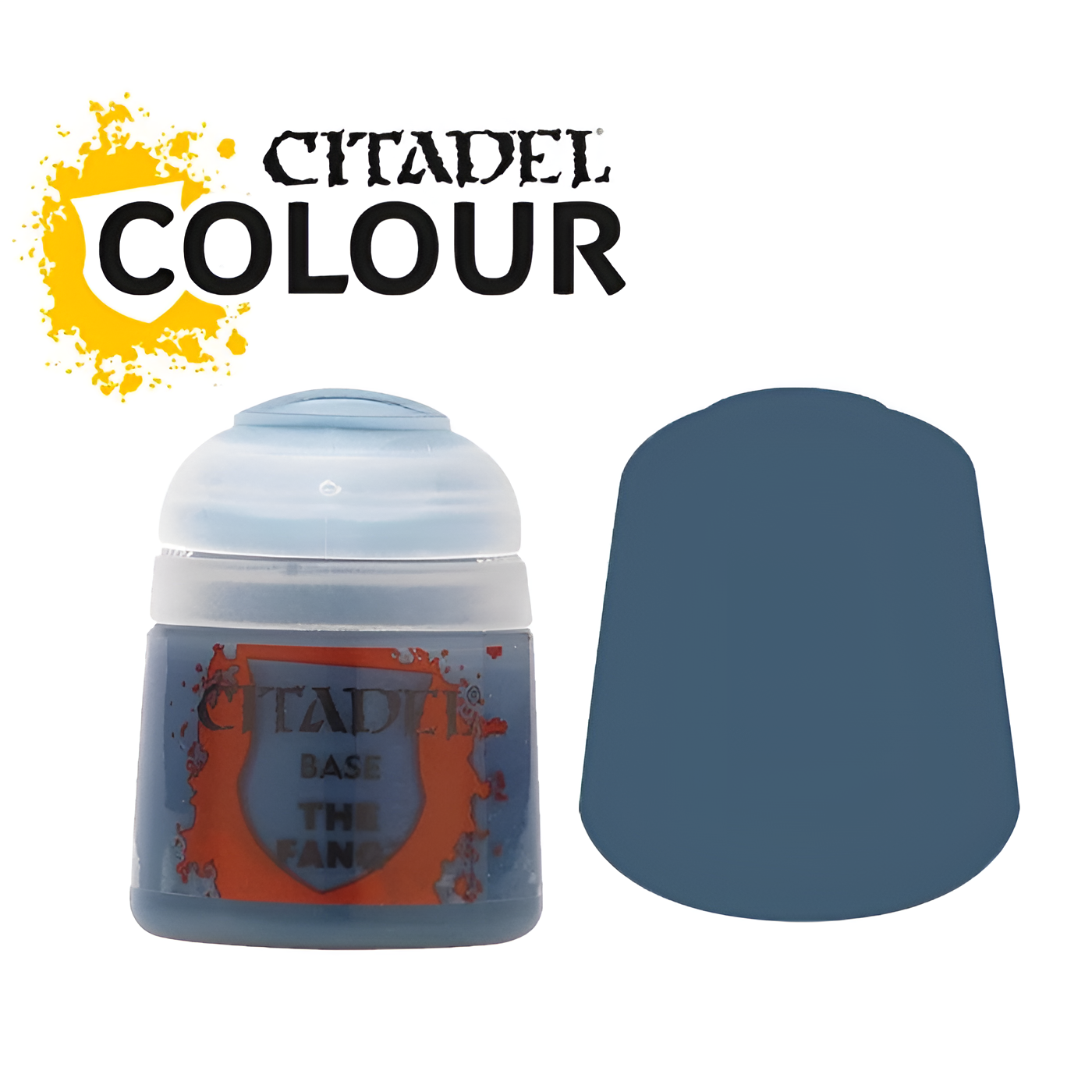 Citadel Base paint The Fang in a 12ml container, featuring a dark blue color swatch and branded label.