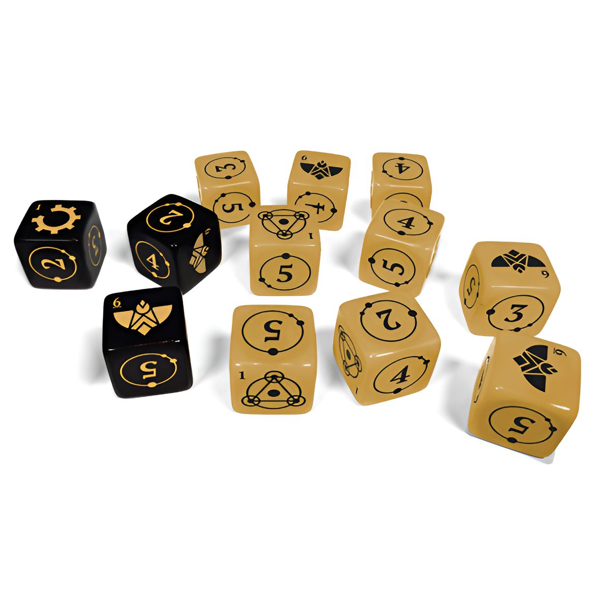 Coriolis RPG The Great Dark core dice set featuring black and gold dice with unique symbols and numbers for tabletop gaming.