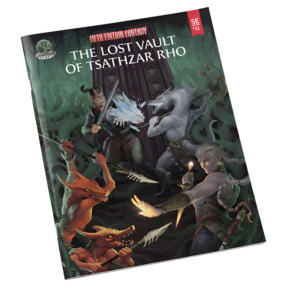 Cover of D&D 5E adventure "The Lost Vault of Tsathzar Rho," featuring characters battling creatures in a mystical forest setting.