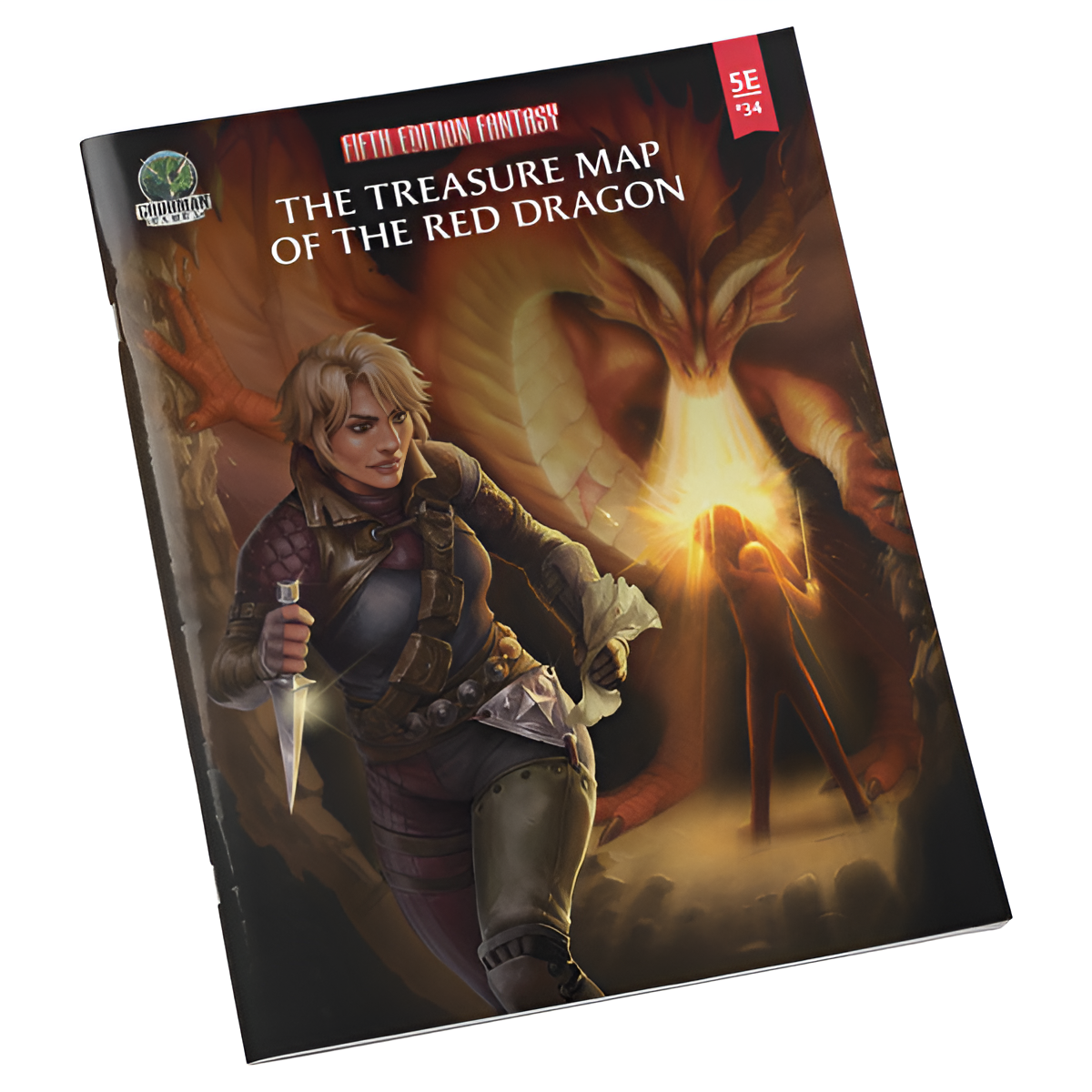 Cover of D&D 5E adventure Fifth Edition Fantasy #34 featuring a warrior and a dragon, highlighting the treasure map theme.