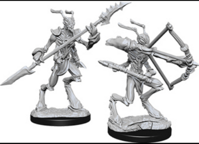 Unpainted Thri-Kreen miniature from Dungeons & Dragons, featuring a warrior with a spear and a bow, ready for tabletop gaming.
