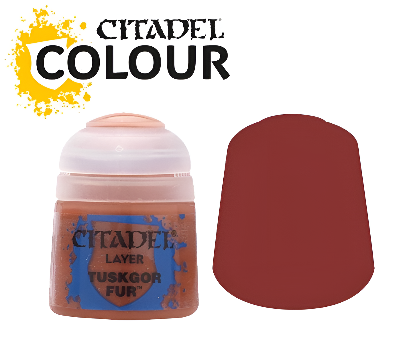 Citadel Layer Tuskgor Fur paint (12ml) in a brown shade, with a screw-top lid and a color swatch beside it.