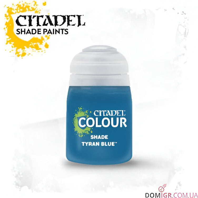 Citadel Shade Tyran Blue paint bottle, 18ml, featuring a vibrant blue color for enhancing miniatures and models.