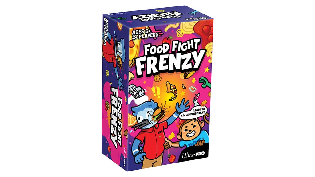 Colorful box of the board game Food Fight Frenzy featuring playful illustrations of food and characters, designed for ages 8 and up.