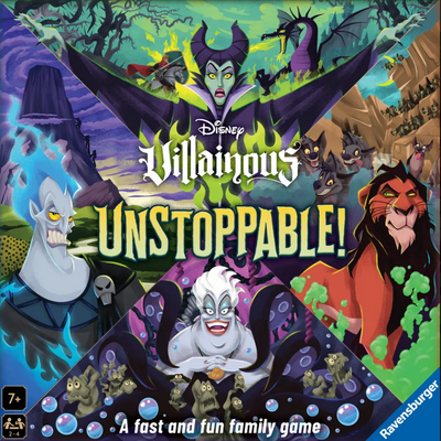 Disney Villainous: Unstoppable! board game cover featuring iconic villains in a colorful, dynamic design.