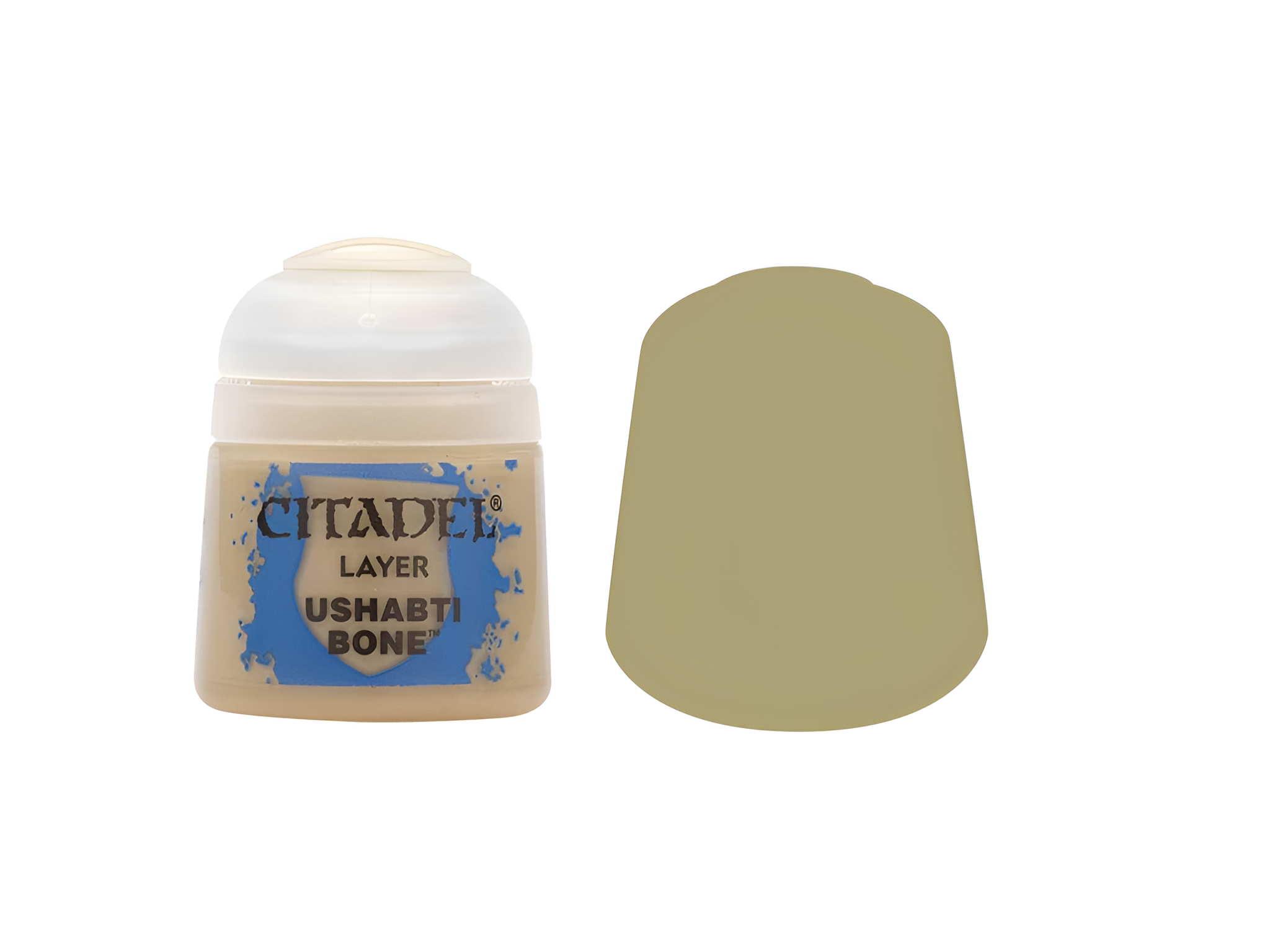 Citadel Layer Ushabti Bone paint (12ml) in a container with a light beige color swatch beside it.