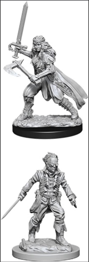 Unpainted miniatures of vampire hunters for Dungeons & Dragons, featuring a warrior with a sword and a rogue with a dagger.