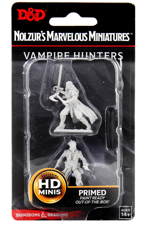 Unpainted Dungeons & Dragons miniatures featuring two vampire hunters, primed and ready for painting.