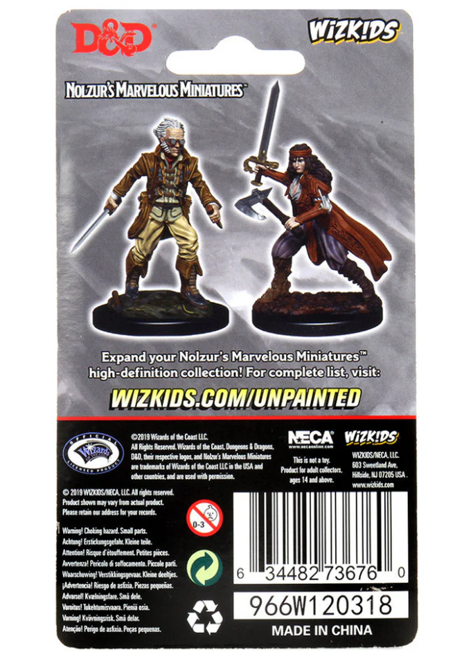 Back packaging of Nolzur's Marvelous Unpainted Miniatures featuring two vampire hunter miniatures for Dungeons & Dragons.