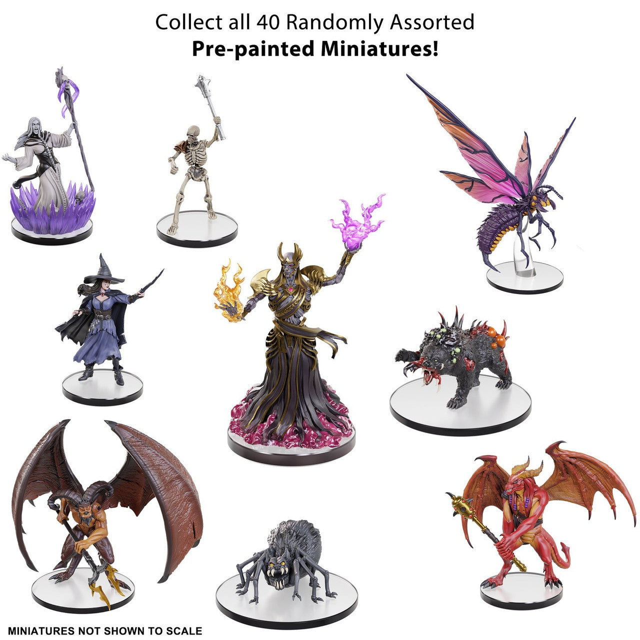 Pre-painted Dungeons & Dragons miniatures from the Icons of the Realms Vecna Eve of Ruin booster pack, featuring various fantasy characters and creatures.