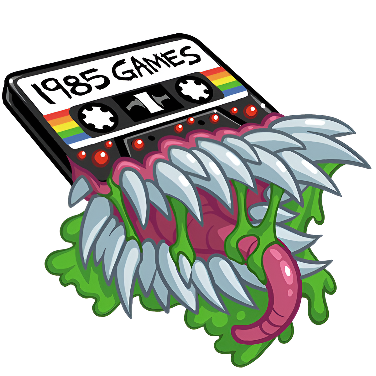 Colorful illustration of a cassette tape with a monster emerging, featuring sharp teeth and vibrant green slime.