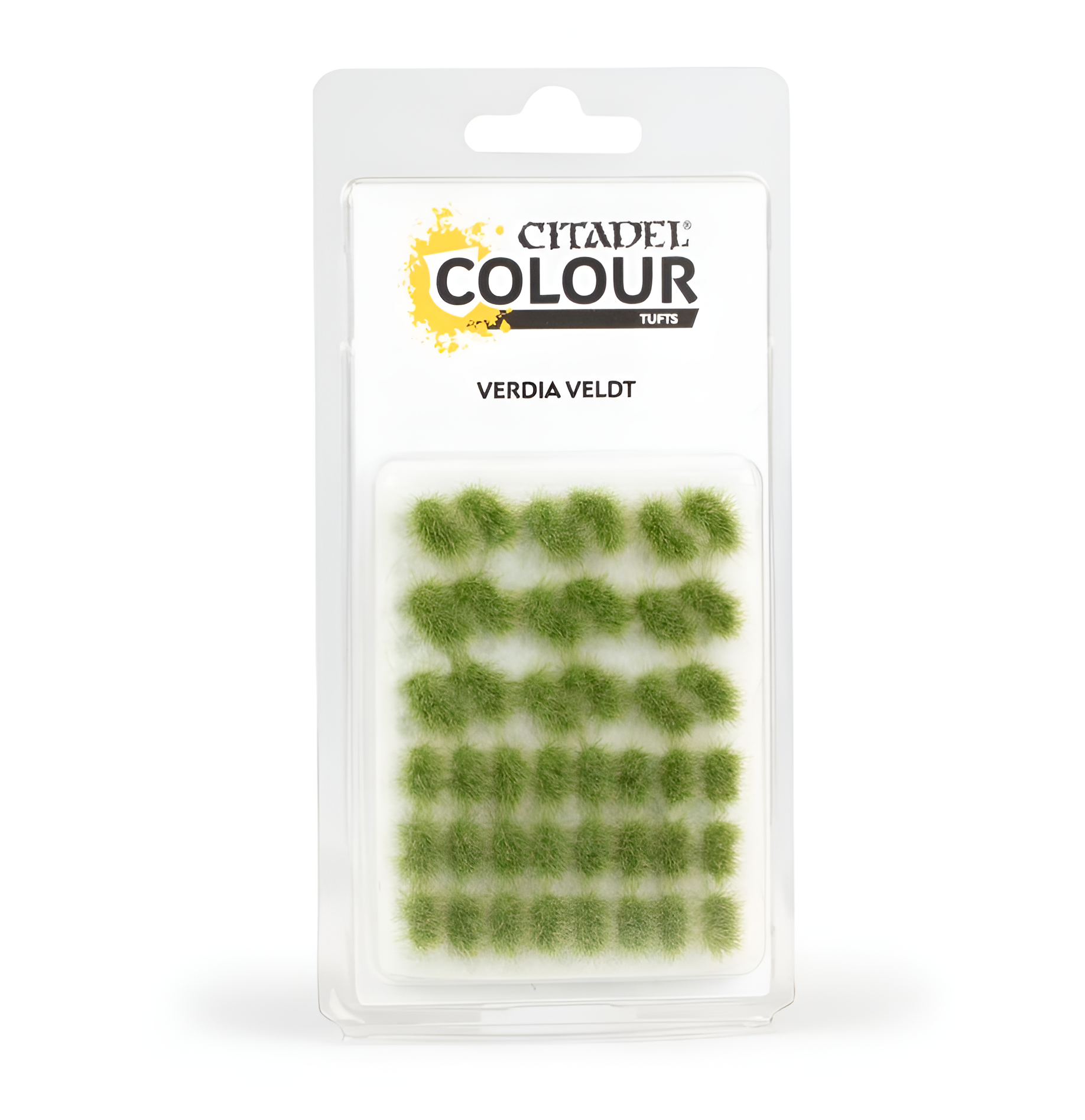 Citadel Tools Verdia Veldt Tufts in a clear packaging, featuring vibrant green grass tufts for tabletop gaming models.