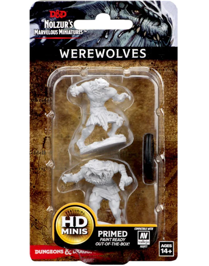 Unpainted miniatures of werewolves from Dungeons & Dragons, ready for painting and tabletop gaming.
