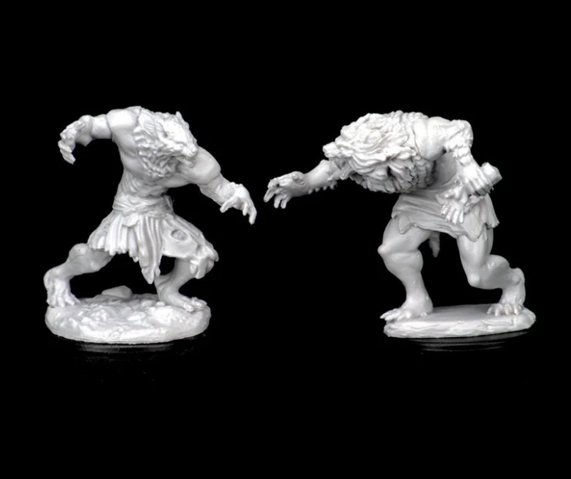 Unpainted miniatures of werewolves from Dungeons & Dragons Nolzur's Marvelous line, showcasing detailed poses and features.
