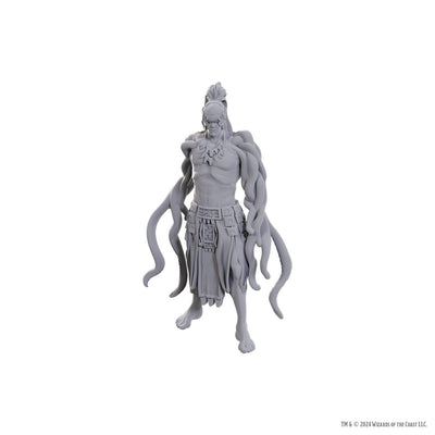Unpainted Yuan-Ti Pit Master miniature for D&D, featuring a muscular figure with snake-like features and multiple tentacles.