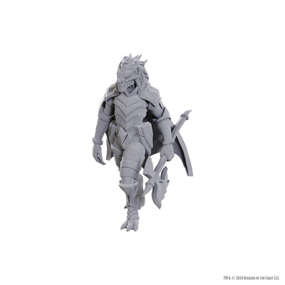 Dragonborn of Tiamat miniature in gray plastic, featuring detailed armor and a weapon, ready for tabletop gaming.