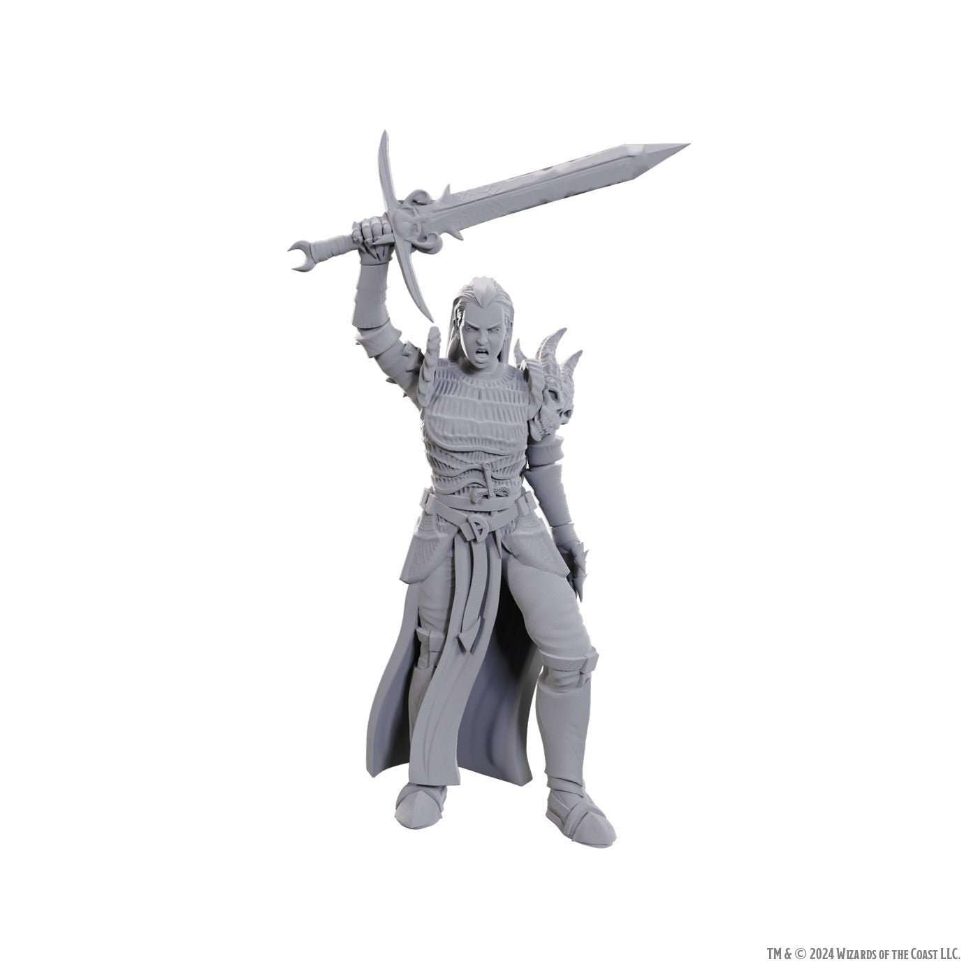D&D Nolzur's Marvelous Miniatures Blackguard figure in gray, wielding a sword, showcasing intricate armor details.