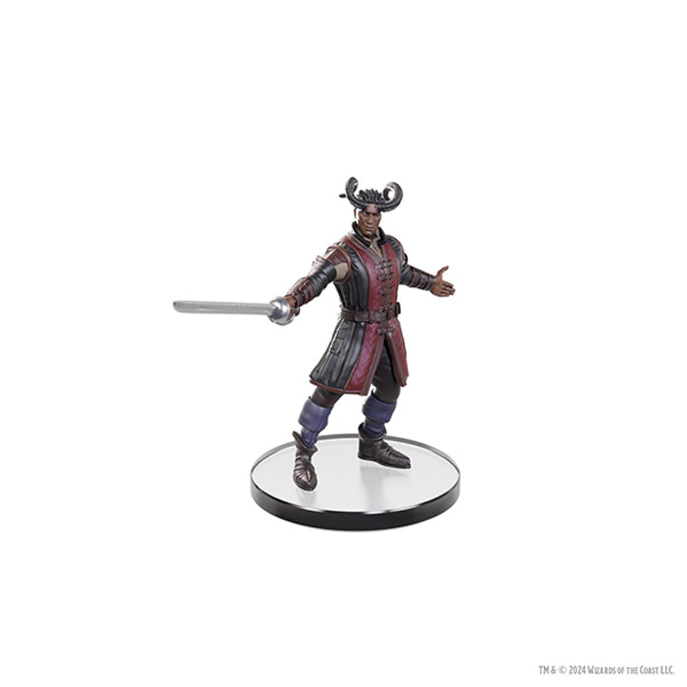 Detailed D&D Baldur's Gate 3 character miniature with sword, dressed in ornate armor and a horned helmet, on a display base.