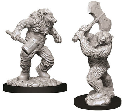 Unpainted miniatures of a wereboar wielding a barrel and a werebear holding a large axe, designed for Dungeons & Dragons gameplay.