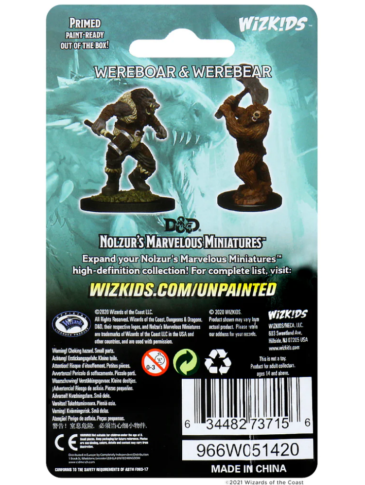 Back of the packaging for Nolzur's Marvelous Miniatures featuring unpainted wereboar and werebear figures for Dungeons & Dragons.