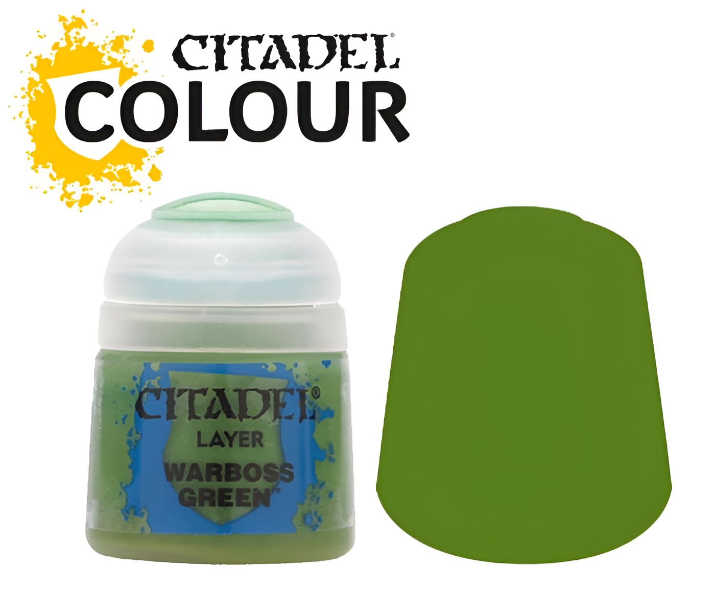 Citadel Layer Warboss Green paint (12ml) in a round container with a green shade swatch beside it.