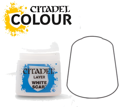 Citadel Layer White Scar paint (12ml) in a round container, ideal for miniature painting and detailing.
