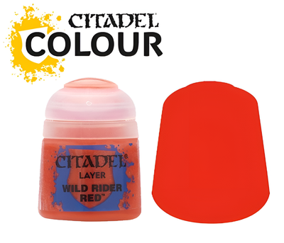 Citadel Layer paint in Wild Rider Red, 12ml bottle with a vibrant red color swatch beside it.