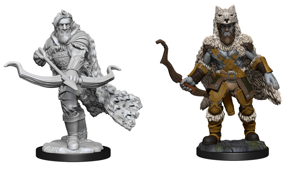 Unpainted male Firbolg ranger miniatures for Dungeons & Dragons, featuring detailed armor and bow designs.