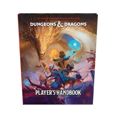 Dungeons & Dragons Players Handbook hardcover featuring adventurers and a dragon on the cover, showcasing fantasy roleplaying elements.