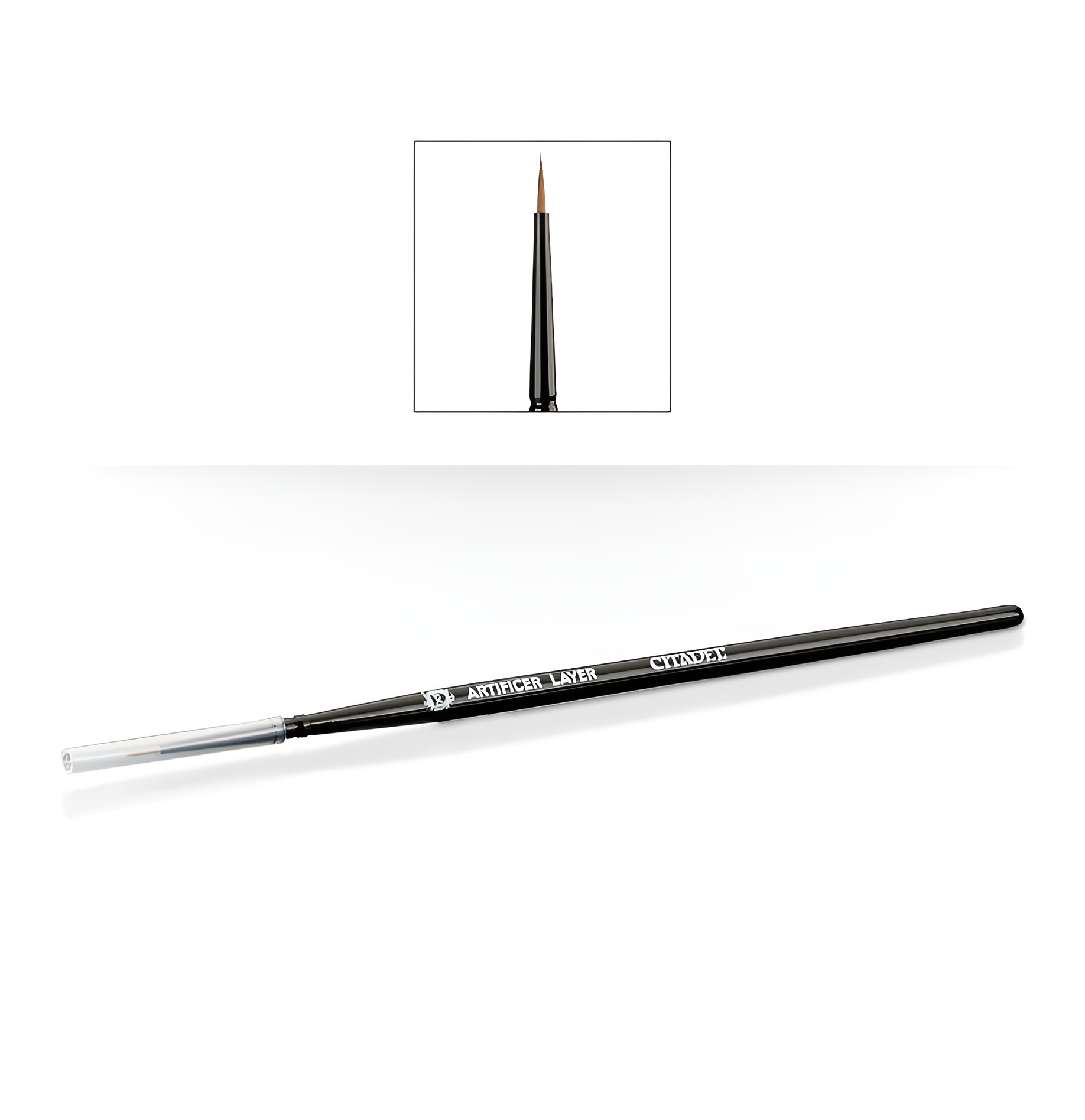 Artificer Layer Brush (XS) by Citadel Tools, featuring a fine tip for detailed painting and a sleek black handle.