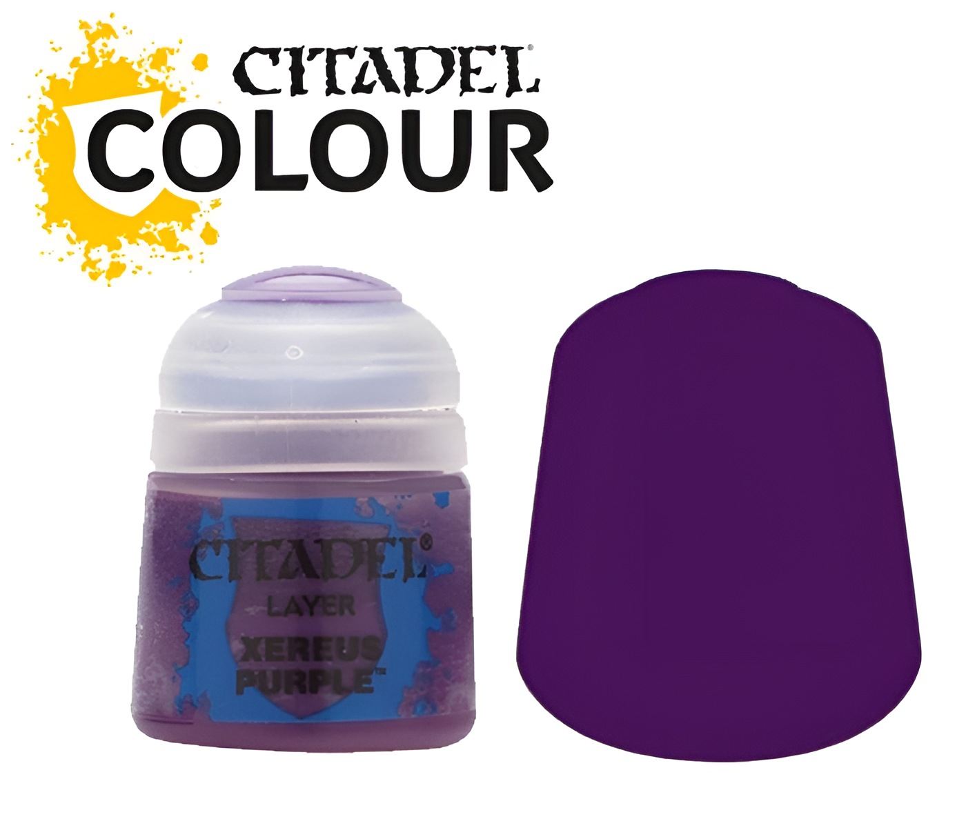 Citadel Layer Xereus Purple paint (12ml) with a vibrant purple color swatch for miniature painting and modeling.