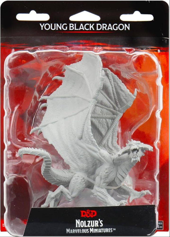 Unpainted miniature of a young black dragon from Dungeons & Dragons, displayed in packaging with a red background.